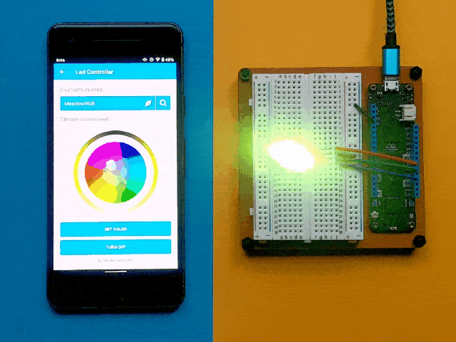 Video showing LED color selection from a phone app color slider and reflected on an RGB LED connected to a Meadow.