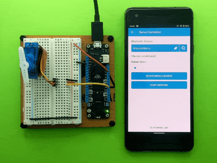 Video showing servo rotation selection from a phone app slider and reflected on a servo connected to a Meadow.