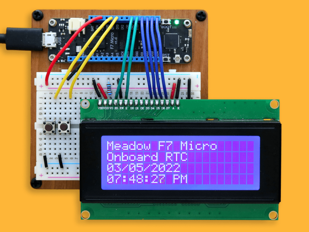 iot, dotnet, meadow, clock, lcd, buttons