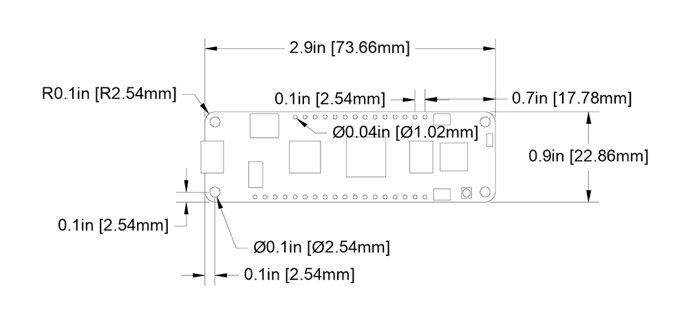 Layout diagram model for F7v2 Feather showing a width of 22.86 millimeters (0.9 inches) and length of 73.66 millimeters (2.9 inches). Pin holes are 0.04 inches diameter (1.02 millimeters) and are 0.1 inches (2.54 millimeters) from center to center. And corner mounting holes are 0.1 inches (2.54 millimeters) from the sides.