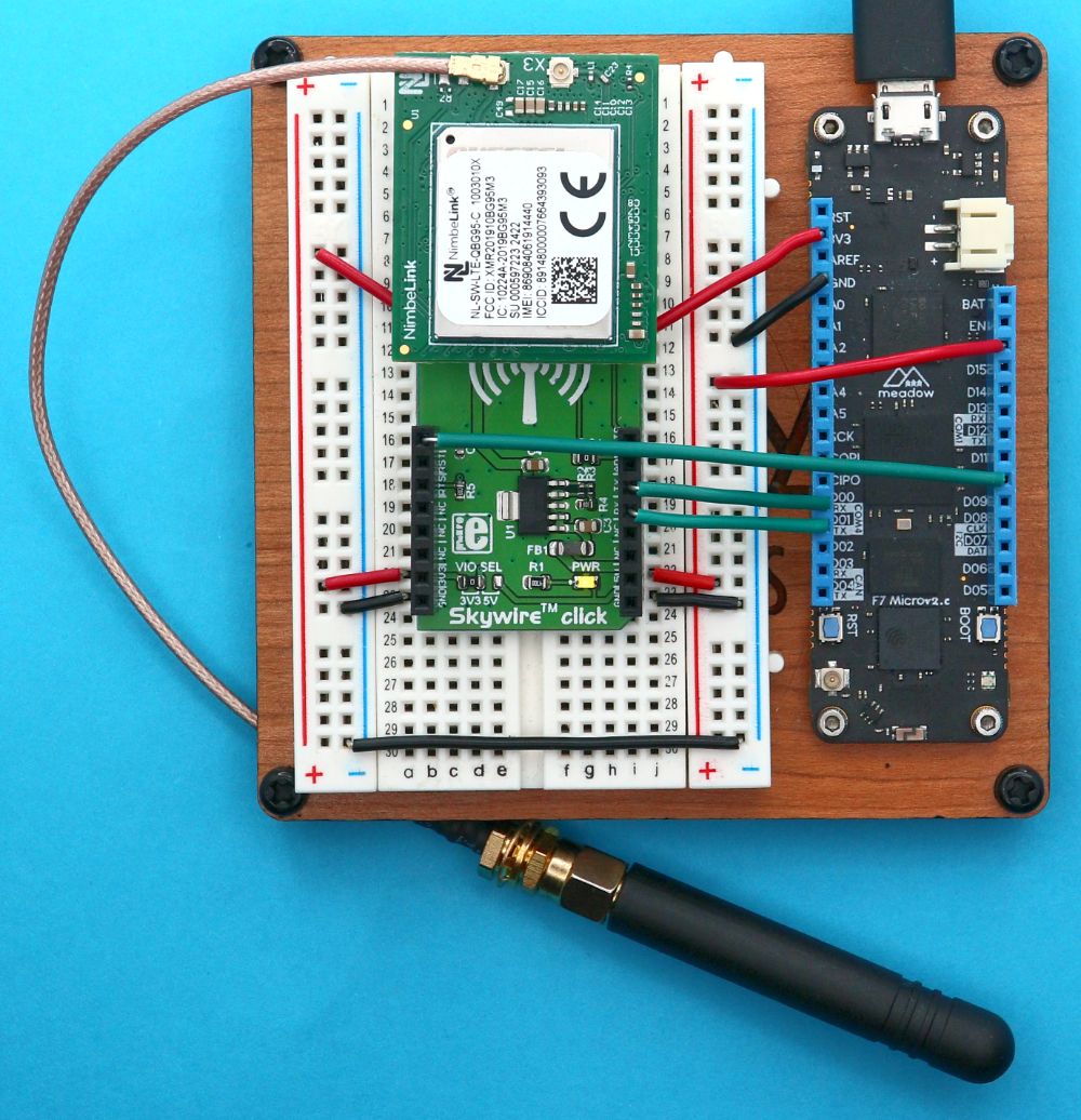 Quectel BG95M3 with NimbeLink Skywire click board and a Meadow F7v2 Feather