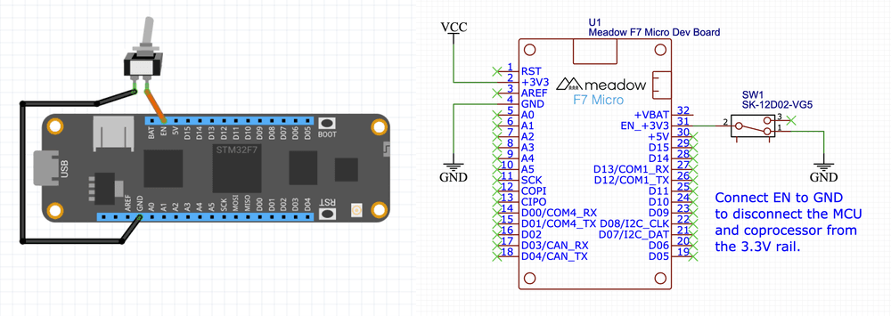 Diagram and schematic of connecting a switch to a Meadow between the ground pin and enable pin to operate as a power switch.