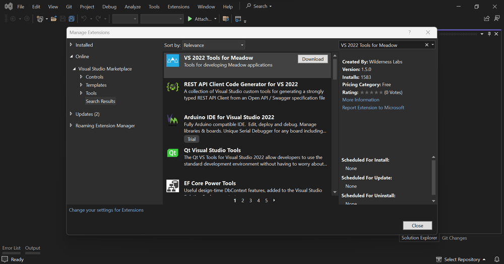 Visual Studio 2022 Manage Extensions window showing the VS 2022 Tools for Meadow extension in search results.