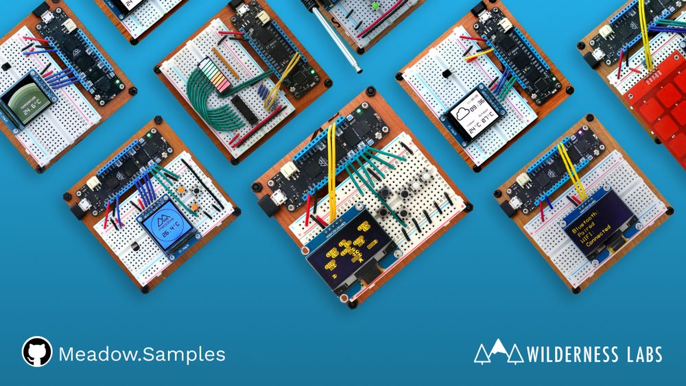 Several Meadow devices wired up to components and running various sample projects.