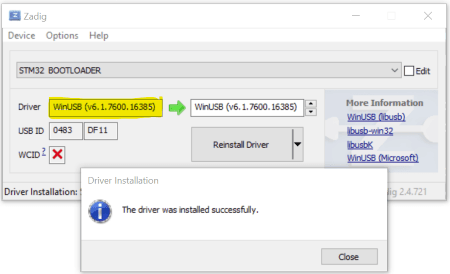 Zadig showing the replaced driver as WinUSB with a Reinstall Driver button.